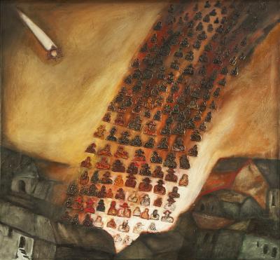 Czesław Wieczore, Jedwabne, 2000, Malarstwo, technika własna (olej, masa plastyczna, płótno), 96 x 104
