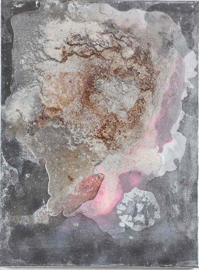 Izabela Chamczyk, Ukryte, 2014, akryl, spray, farba magnetyczna, krystalizacja soli, rdza, płótno, 61 x 46 cm