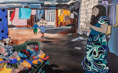 Małgorzata Mirga-Tas, Wizytacja, 2014, akryl, tkanina przemysłowa na płótnie, 100 x 160 cm