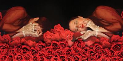 Irena Nawrot, Self Portrait in Reds 1, 2012, colour digital photograph, artificial flowers 140x140 cm (fragment)