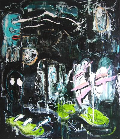 Rafael Akahira, Drop it now!, 2009, olej, papier, 165 x 140 cm
