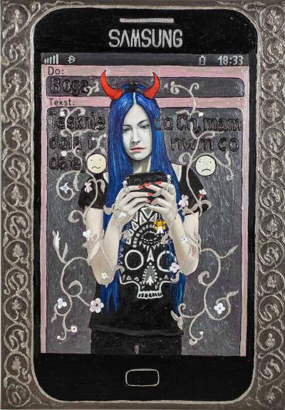 Sylwester Chrapowicz, SMS do Boga, 2013–2015, olej i akryl na płótnie, 100 x 70 cm