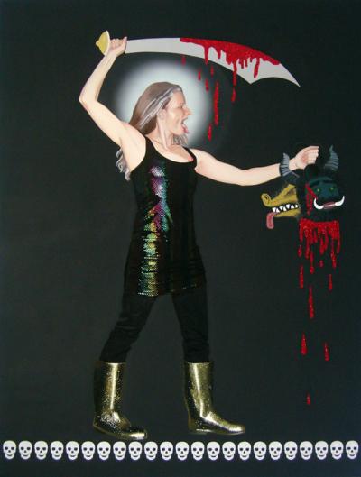 Malwina Rzonca, Autoportret - Kali, 2008, akryl, farba UV i fosforescencyjna, brokat, mikrokulki szklane, diody, płótno, 200x150 cm