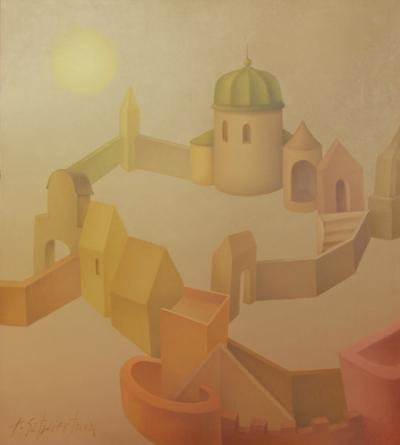 Teresa Sztwiertnia, Złote miasteczko, 2001, olej na płótnie, 100x90 cm