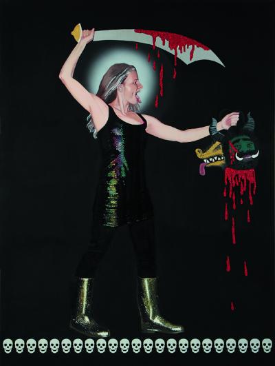 Malwina Rzonca, Autoportret – Kali, 2008, akryl, farba UV i fosforescencyjna, brokat, mikrokulki szklane, diody / płótno, 200 x 150 cm