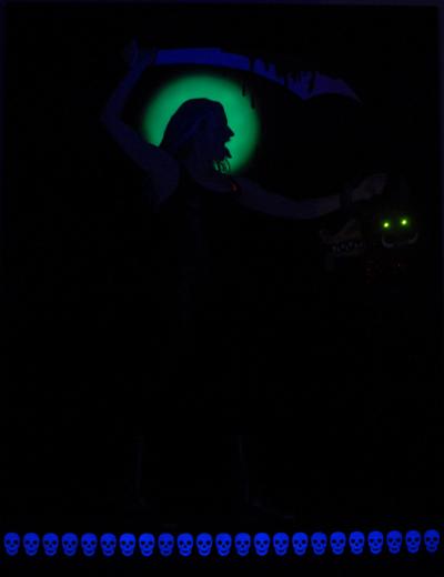 Malwina Rzonca, Autoportret – Kali, 2008, akryl, farba UV i fosforescencyjna, brokat, mikrokulki szklane, diody, płótno, 200x150 cm, widok obrazu w ciemnym otoczeniu
