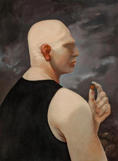 Mężczyzna z truskawką, 2017, olej na płótnie, 73 x 54 cm   