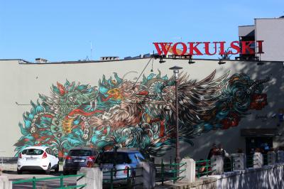 Paweł Swanski, Scalenie, z cyklu Gąszcz, 2018, mural, DH Wokulski od strony ul. 11 Listopada, fot. Archiwum Galerii Bielskiej BWA