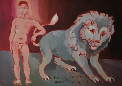 Gierdal Dariusz , Chłopiec z lwem, 2010, akryl, tempera, płótno, 100 x 140 cm
