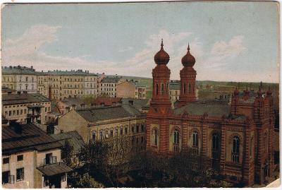Synagoga w Bielsku, ok. 1900 r., litografia barwiona, ze zbiorów Krzysztofa Raczka
