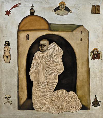 Czesław Wieczorek, Mnich Świętokrzyski, 1982, olej, płótno, zapałki, 80 x 70 cm