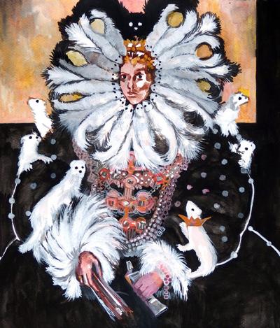Pola Dwurnik, Queen of Painting with Ermines after The Ermine Portrait of Elizabeth I, 2014, gouache on paper