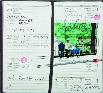 Joanna Wowrzeczka, z cyklu Zdominowani (Ojciec i syn pchają wózek z nic już niewartym złomem, w tle, za krzakami, kościół, Zabrze – Mikulczyce), 2008, akryl, płótno, 39 x 45 cm