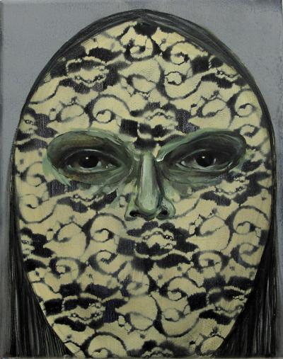 Ewa Juszkiewicz, Oczy uroczne, 2011, akryl, kolaż, płótno, 40 x 30 cm
